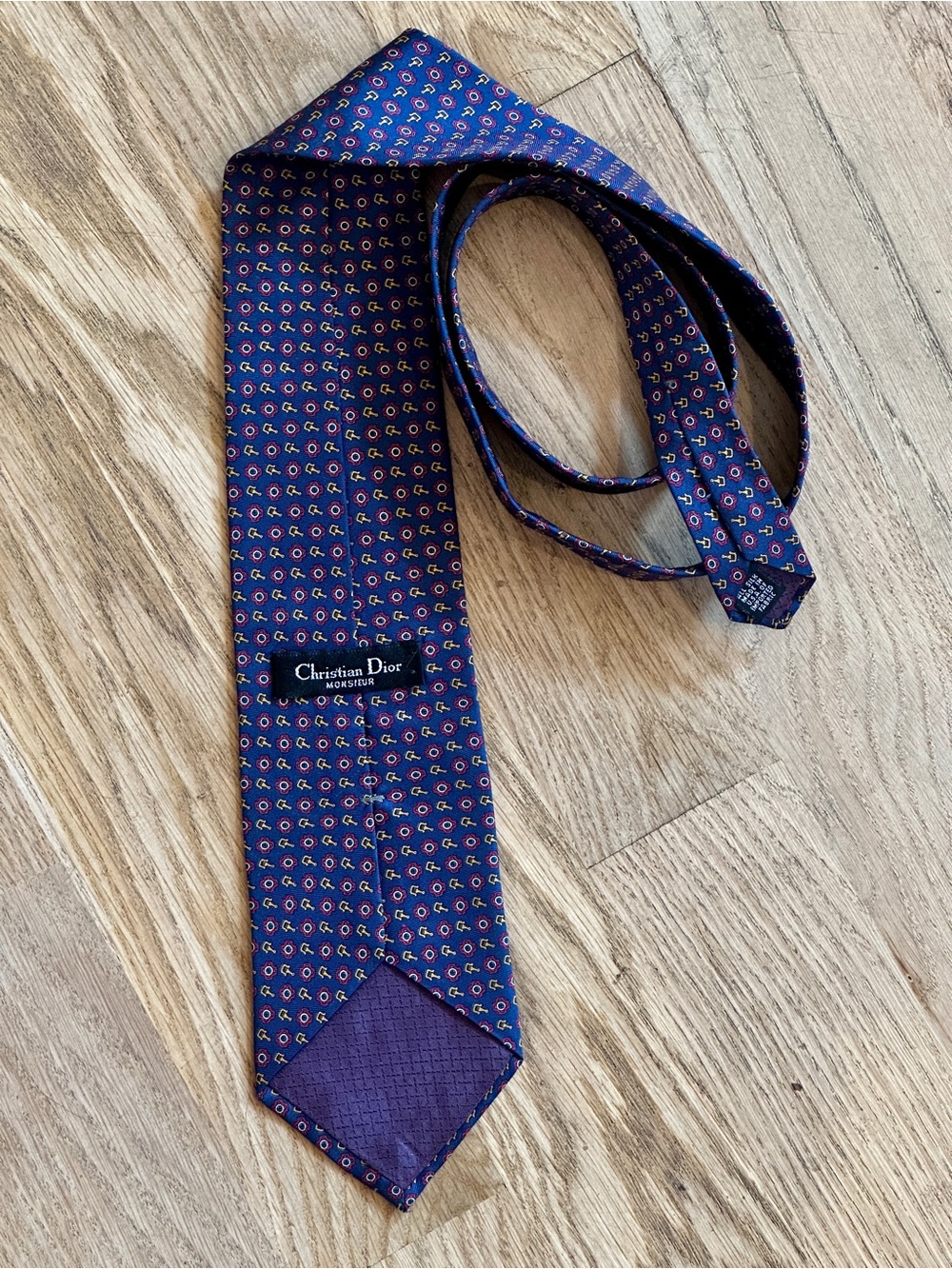 Vintage Christian Dior Monsieur Woven Italian Silk Tie Blue Red Geometric 58”
